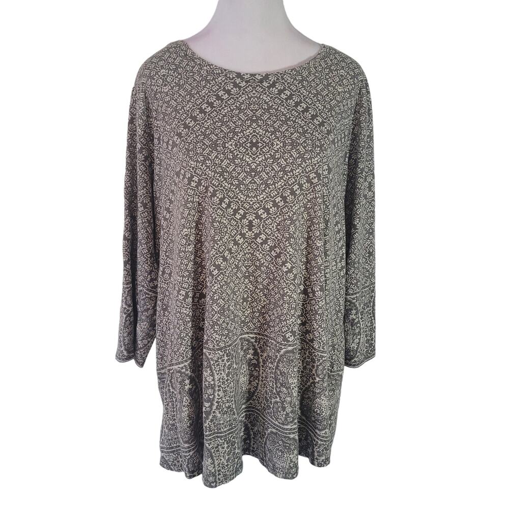 Lucky Brand Size L Paisley Floral Print Peasant Blouse Gray White Crewneck Boho